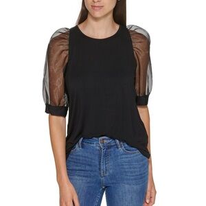 NWT Calvin Klein Black Sheer Puff Short sleeve Top M